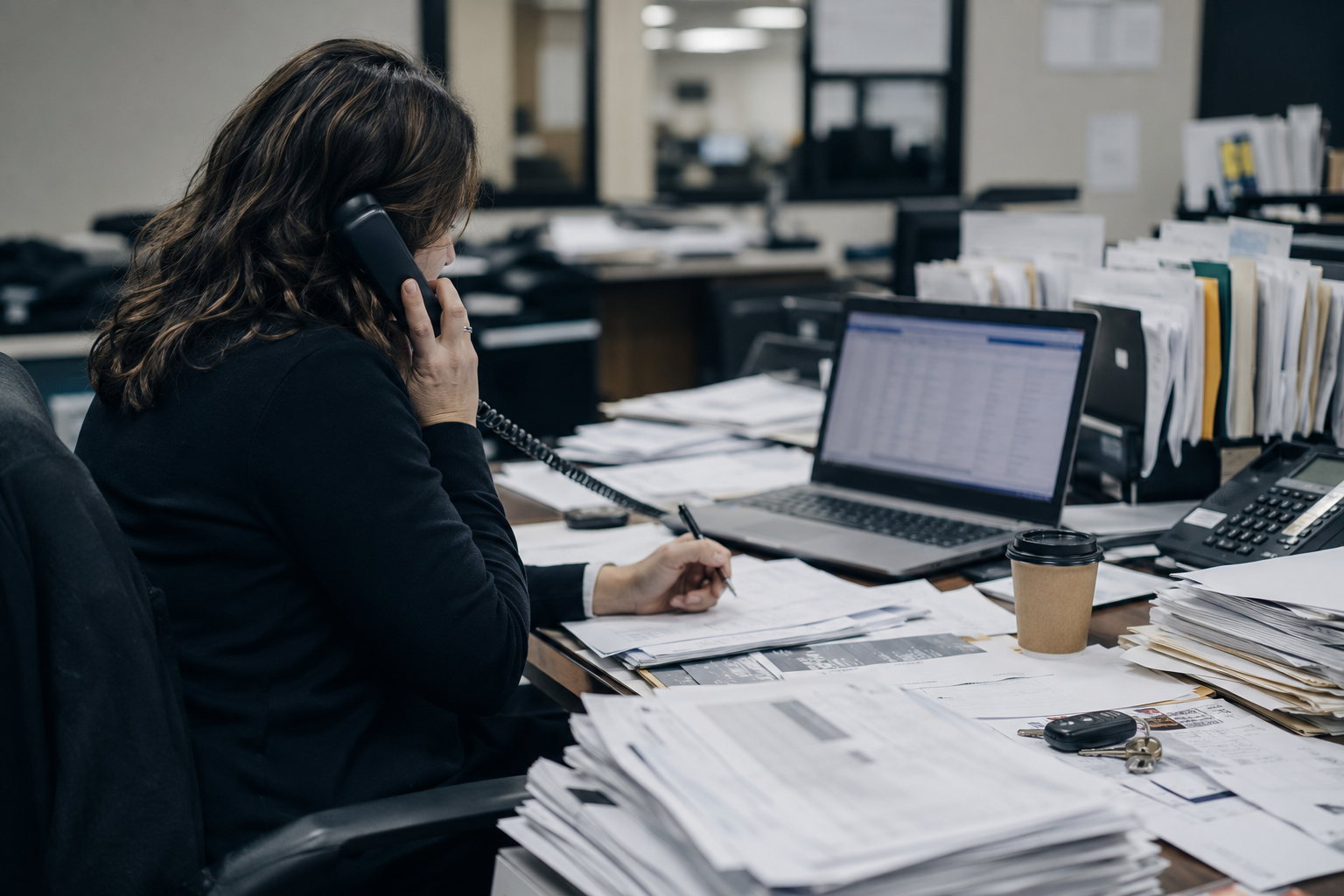 An operations employee buried in vehicle paperwork, repairs, and phone calls
