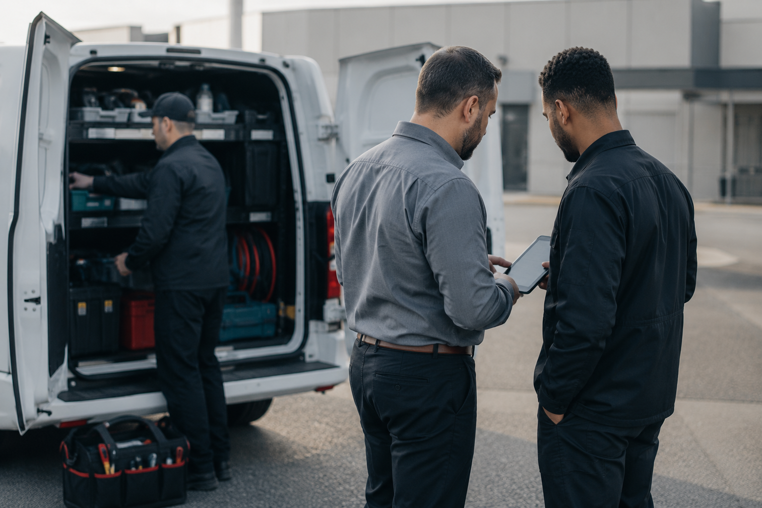 Field technicians loading a clean work van while a Wilmar advisor reviews the fleet plan on a tablet