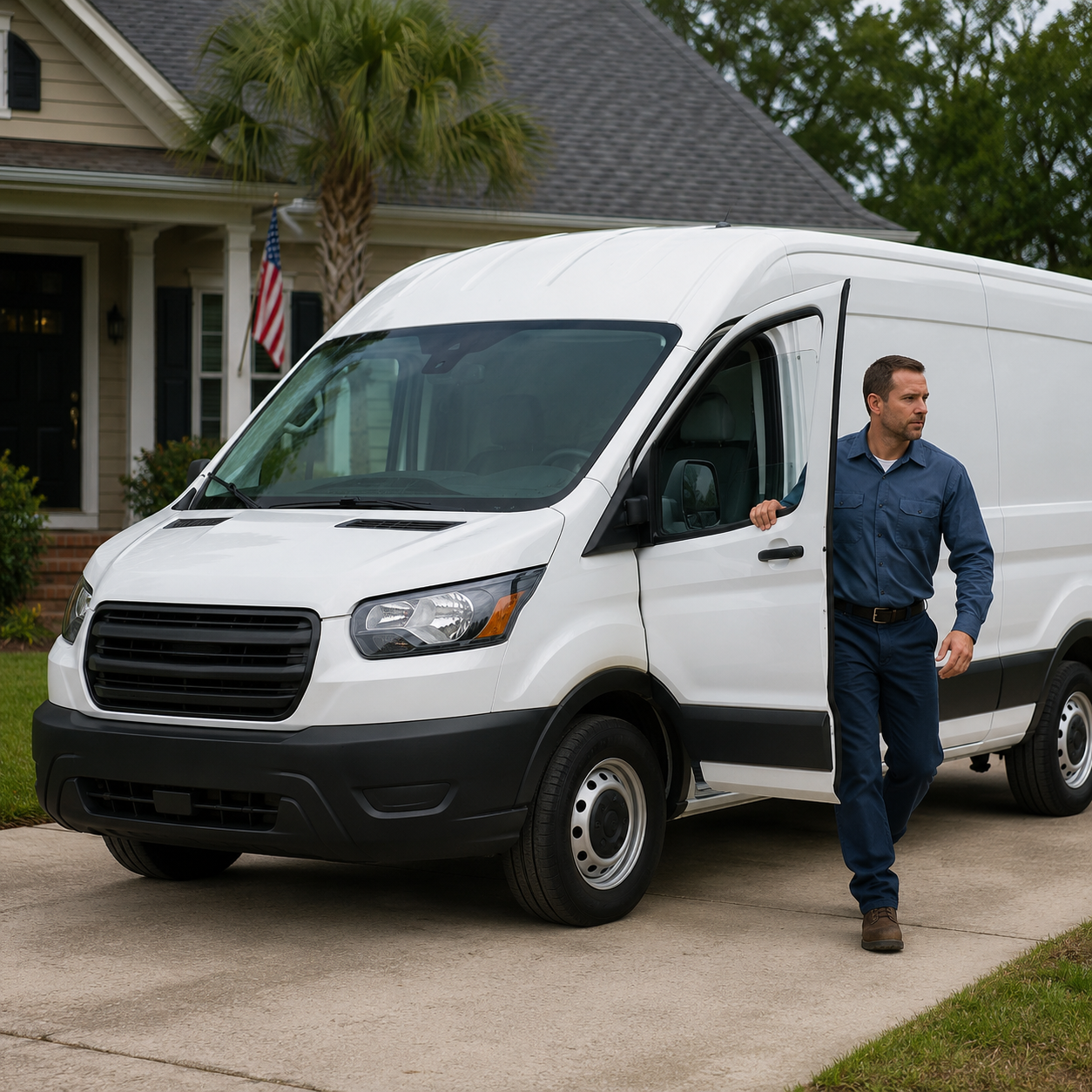 A field-services technician stepping out of a white work van at a home