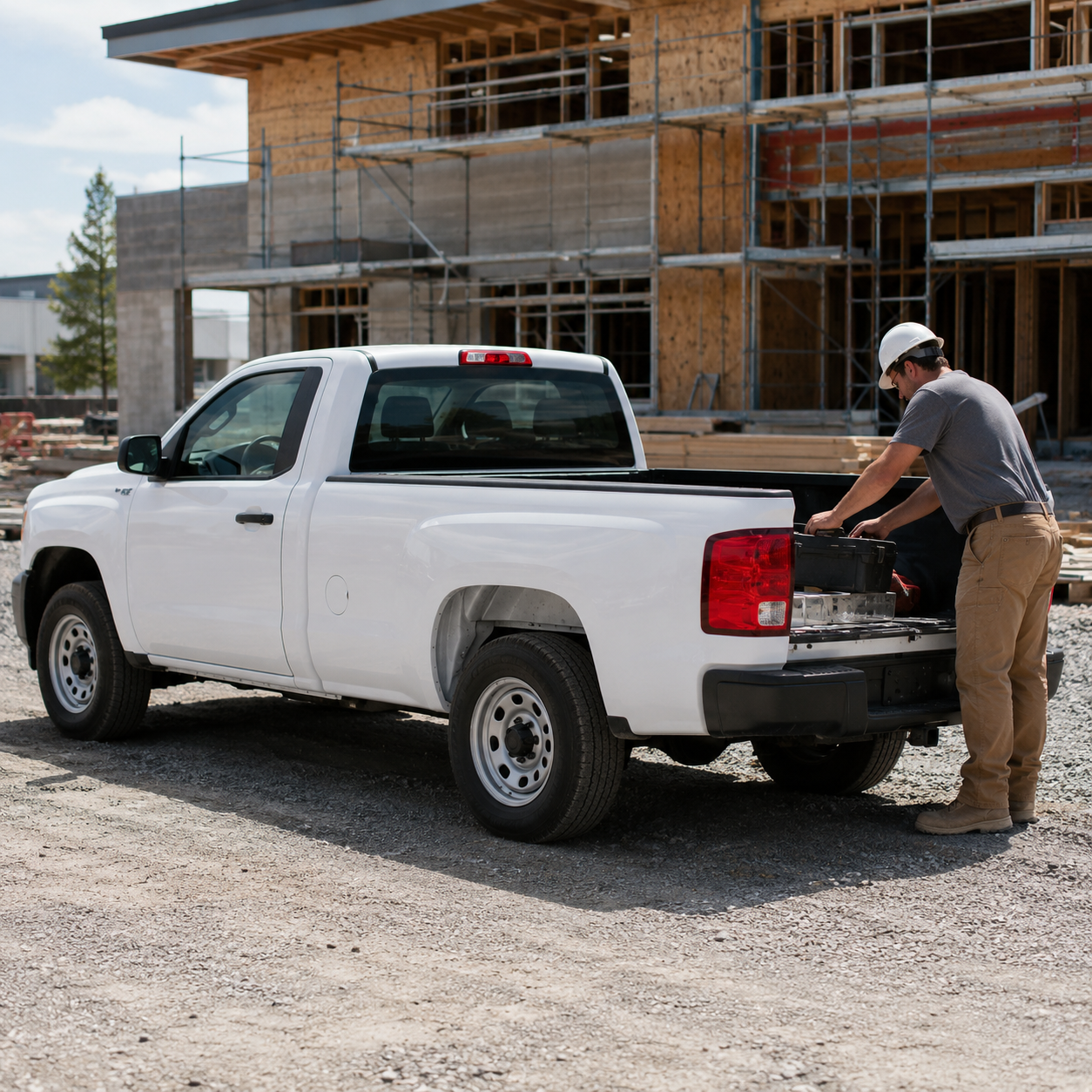 A worker loading tools into a white pickup at a construction site