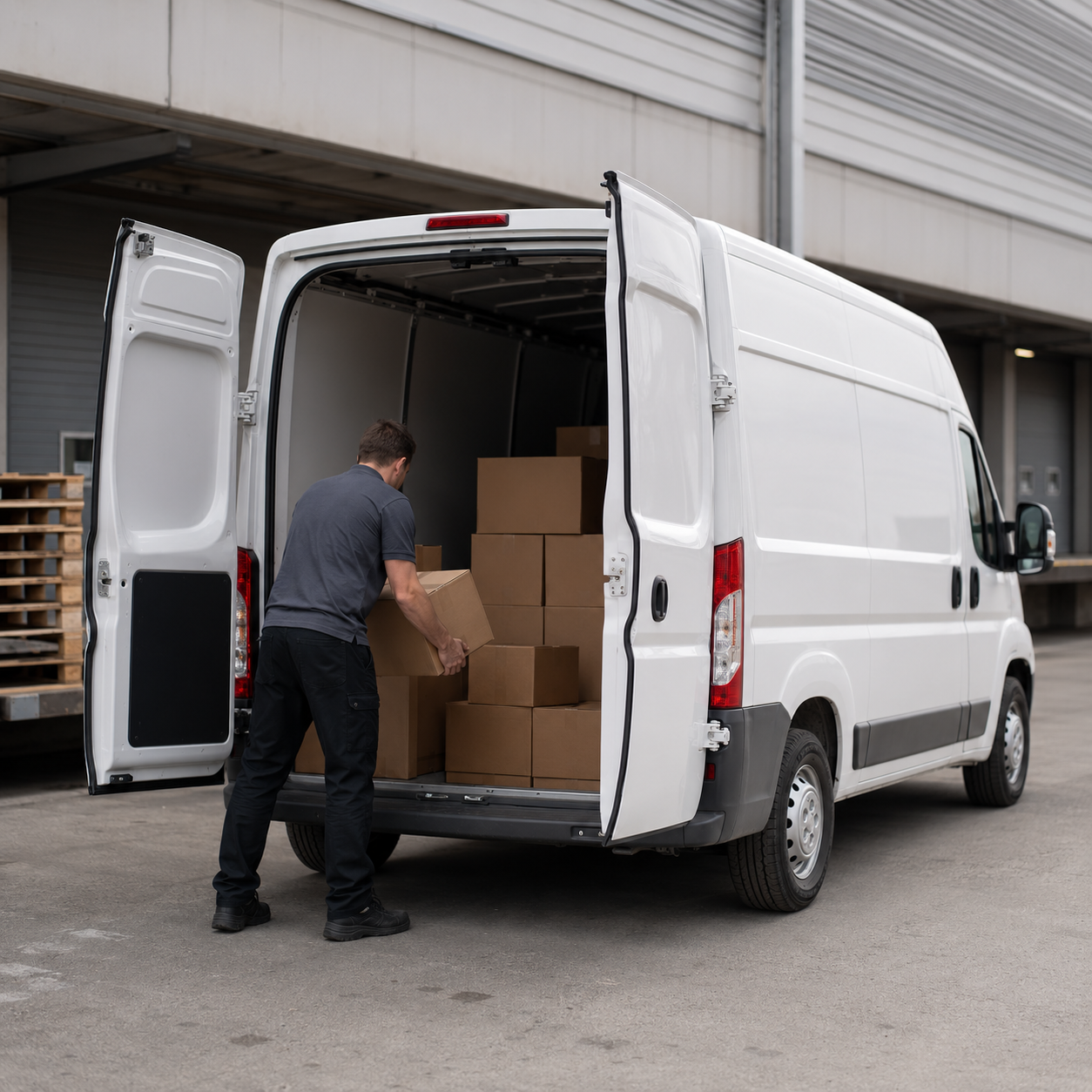 A worker loading boxes into a white cargo van at a warehouse dock