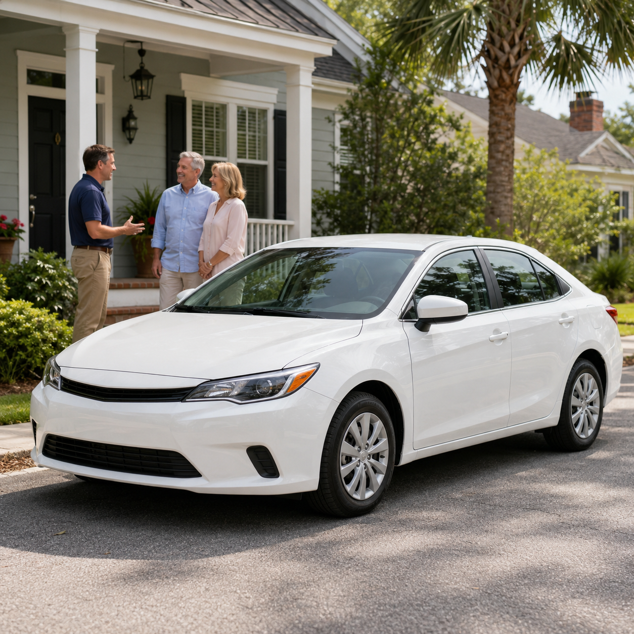 A professional greeting clients beside a white company sedan